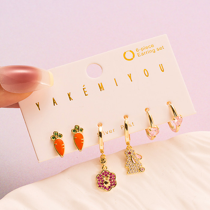 1 Set INS Style Carrot Copper Plating Inlay Zircon Earrings