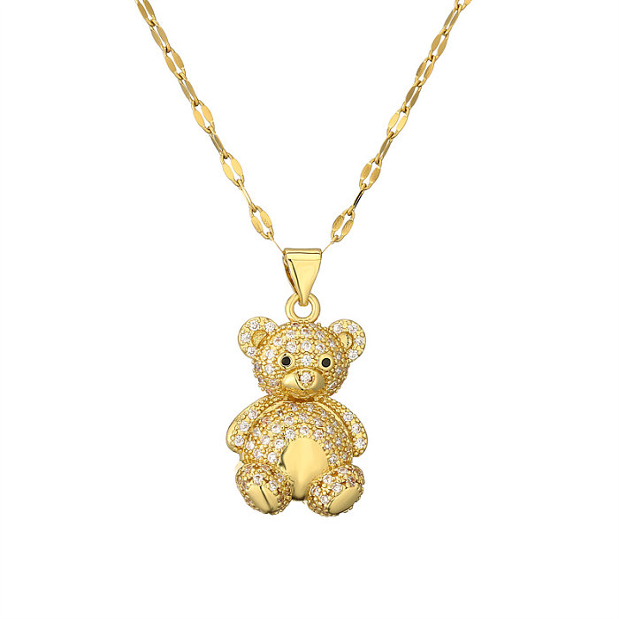 IG Style Cute Little Bear Stainless Steel  Copper Plating Inlay Zircon Gold Plated Pendant Necklace