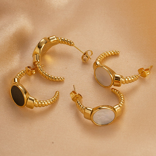 1 par de pendientes chapados en oro con incrustaciones de esmalte ovalado de estilo moderno con concha de acero inoxidable