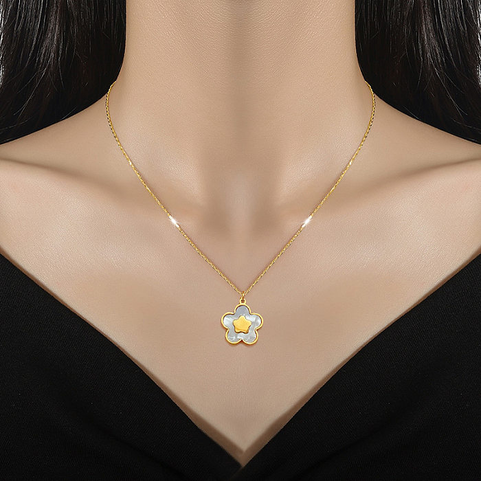 Elegante Muschelanhänger-Halskette mit Blumen-Edelstahlbeschichtung und Inlay