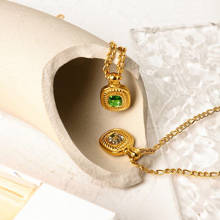 Collier européen et américain identique, bijoux en acier inoxydable, or 18 carats, couleur chanfreinée rectangulaire, pendentif en pierre semi-précieuse pour femmes