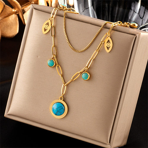 Vintage Style Round Eye Stainless Steel Enamel Plating Inlay Turquoise 18K Gold Plated Layered Necklaces