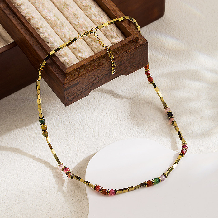 Collier plaqué or plaqué perles en acier inoxydable, style vintage, blocs de couleurs douces
