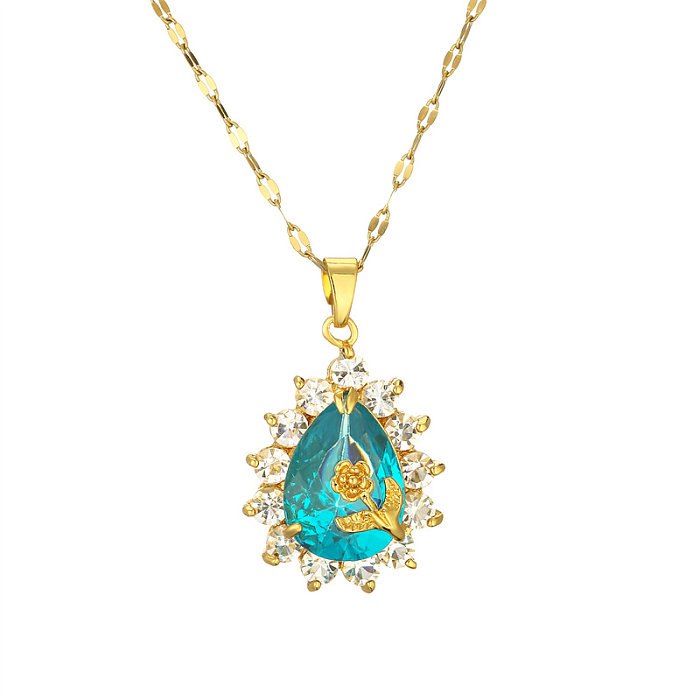 Elegant Glam Water Droplets Rose Stainless Steel  Copper Plating Inlay Zircon Gold Plated Pendant Necklace