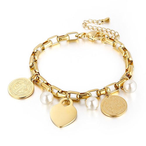 Bracelet rond en forme de cœur en acier inoxydable, perle, à la mode, bijoux, vente en gros
