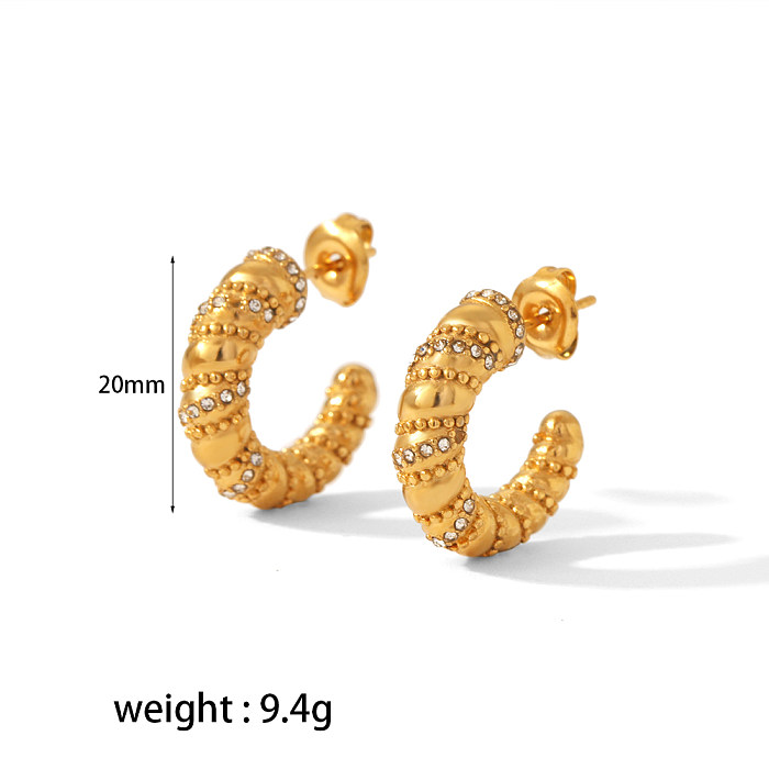 1 paire de clous d'oreilles plaqués or 18 carats, Style Simple, incrustation de strass en acier inoxydable en forme de C