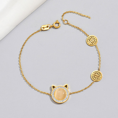 Elegante estilo francês gato chapeamento de aço inoxidável opala pulseiras banhadas a ouro 14K