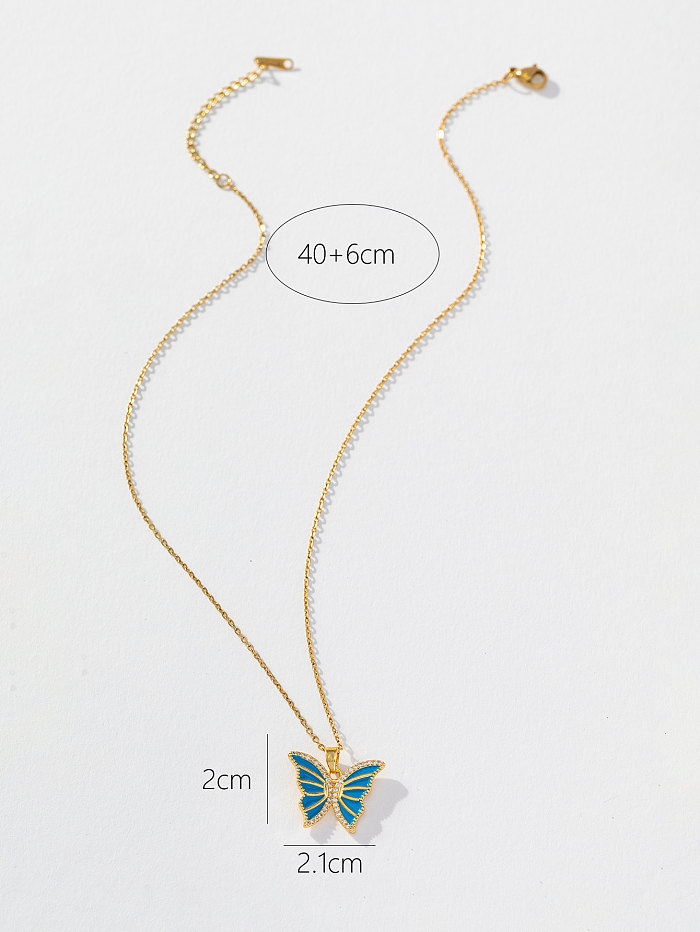 Casual Simple Style Butterfly Stainless Steel Copper Enamel Plating Inlay Zircon Pendant Necklace