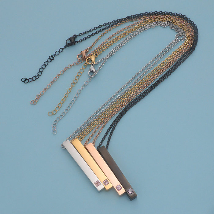 Collier pendentif rectangulaire en acier inoxydable, Style simple, incrustation de Zircon plaqué or Rose 18 carats