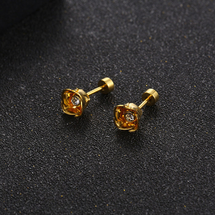 Pendientes chapados en oro de acero inoxidable con círculo hueco, aretes de diamantes individuales