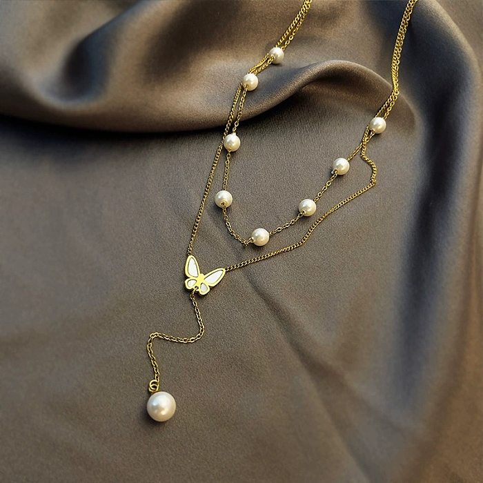 Collares de doble capa chapados en oro de Shell de acero inoxidable de mariposa de estilo simple a granel