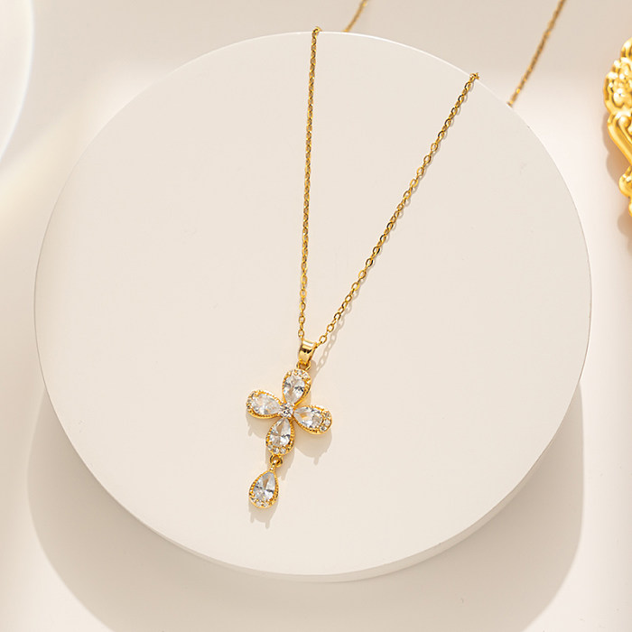 Simple Style Four Leaf Clover Water Droplets Stainless Steel  Plating 18K Gold Plated Pendant Necklace