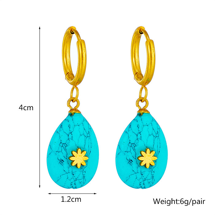 Fashion Water Droplets Stainless Steel Inlay Turquoise Drop Earrings 1 Pair