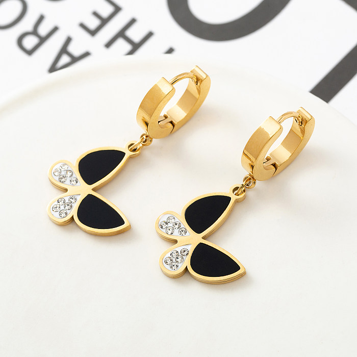 Fashion Butterfly Stainless Steel Polishing Plating Inlay Shell Zircon Drop Earrings 1 Pair