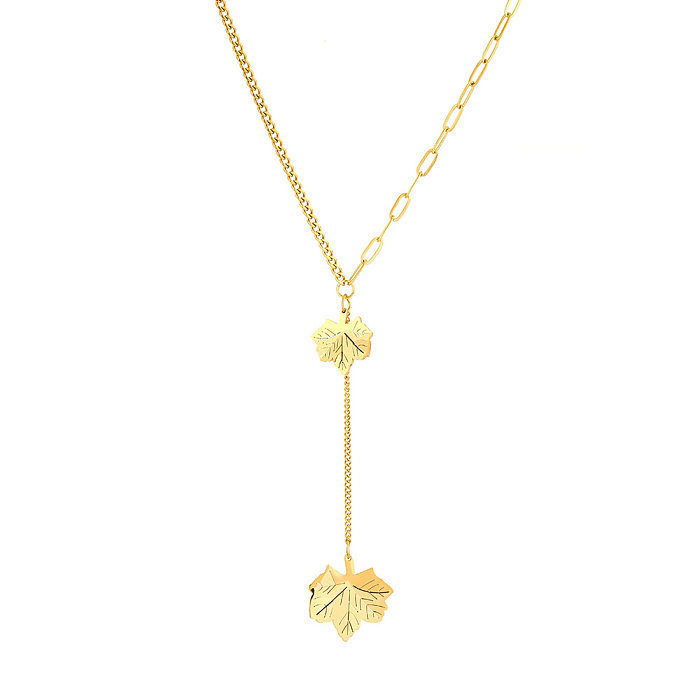 Casual Simple Style Star Moon Maple Leaf Stainless Steel Plating Hollow Out Inlay 18K Gold Plated Pendant Necklace