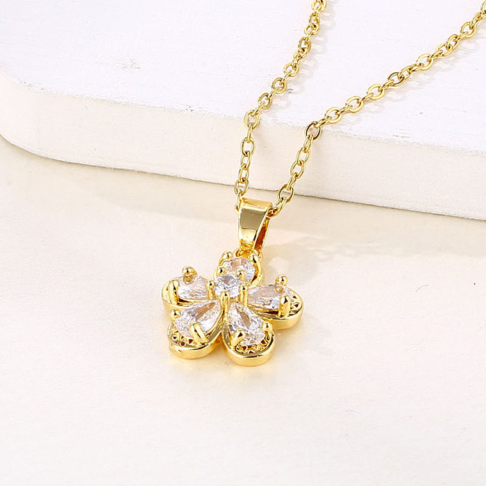 Elegant Flower Stainless Steel  Plating Hollow Out Inlay Zircon 18K Gold Plated Pendant Necklace