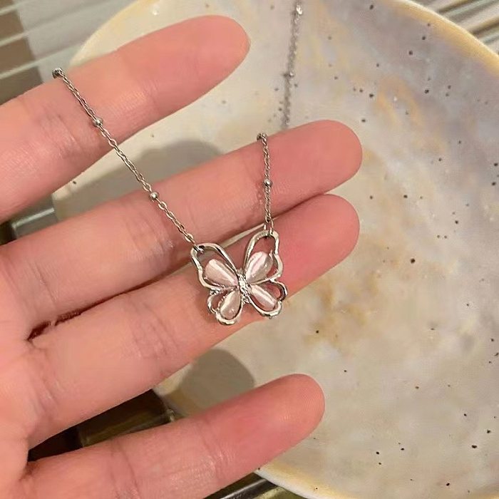 Sweet Butterfly Stainless Steel Plating Inlay Zircon Pendant Necklace