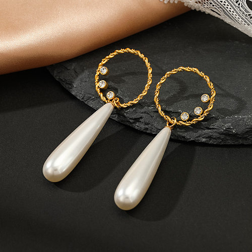 Elegant Round Stainless Steel  Inlay Artificial Pearls Rhinestones Drop Earrings 1 Pair