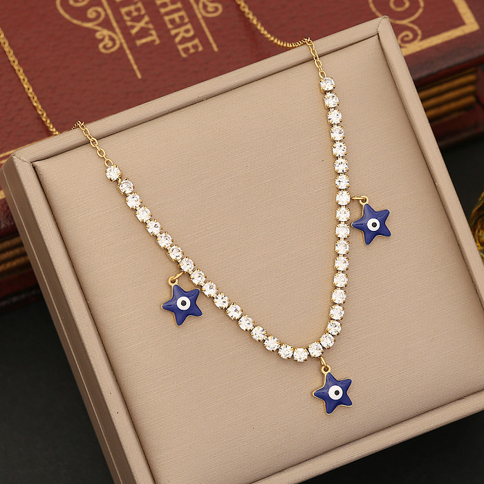 Collar de diamantes de imitación artificiales con incrustaciones de esmalte de acero inoxidable con flor de ojo de estrella de estilo Simple informal