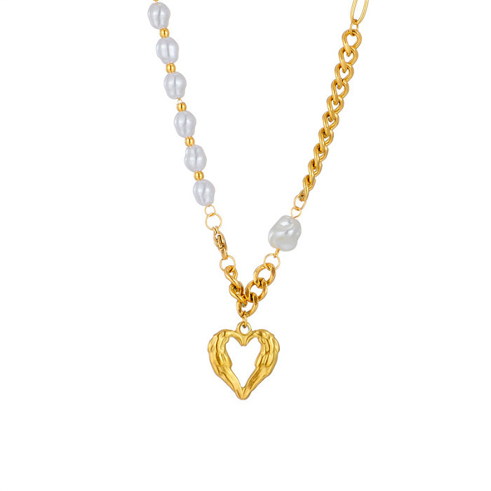 Collier de perles en acier inoxydable en forme de cœur creux simple à la mode