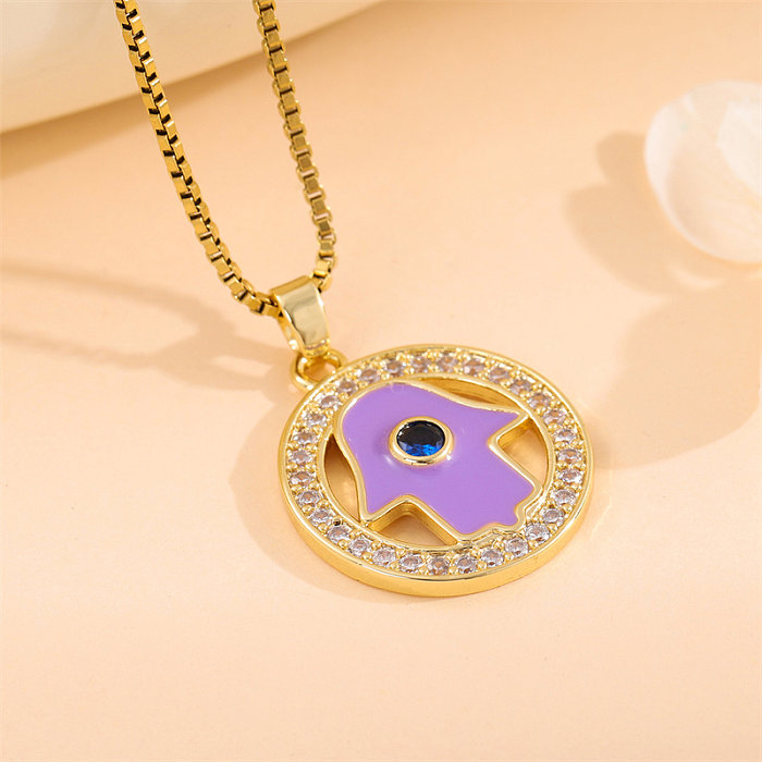 Basic Simple Style Hand Of Fatima Eye Stainless Steel  Stainless Steel Enamel Plating Inlay Zircon 18K Gold Plated Pendant Necklace