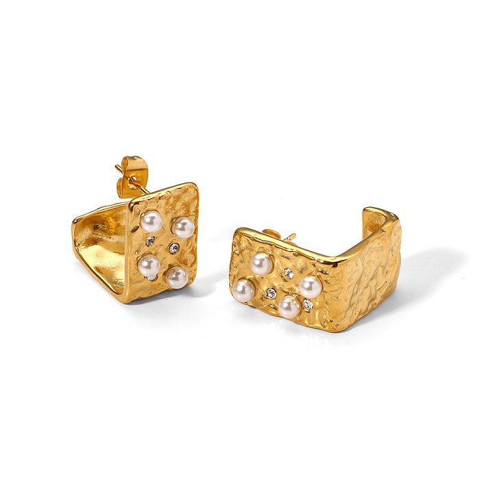 1 paire de clous d'oreilles plaqués or 18 carats, Style IG, incrustation carrée décontractée en acier inoxydable, perle Zircon