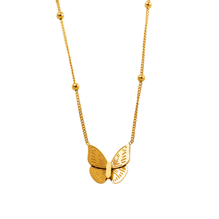 Hip-Hop Retro Butterfly Stainless Steel Plating Rhinestones Gold Plated Pendant Necklace