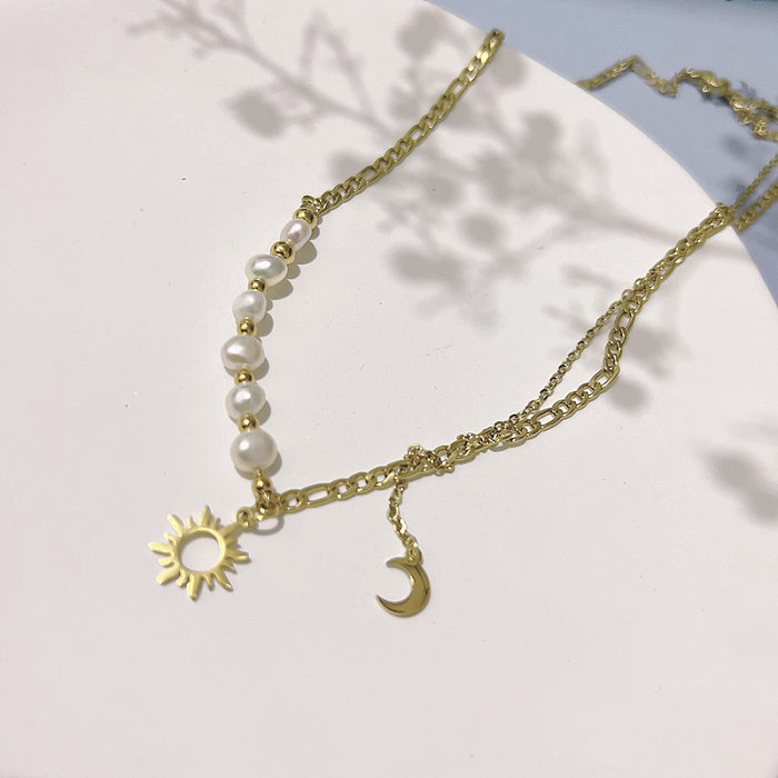 Fashion Sun Moon Stainless Steel  Stainless Steel Pearl Plating Hollow Out Pendant Necklace 1 Piece