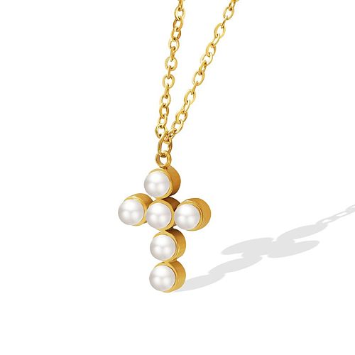 Trendy Simple Golden Pendant Cross Pearl Titanium Necklace
