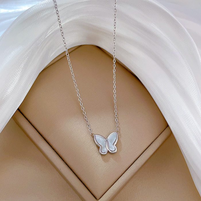Lady Butterfly Shell Stainless Steel Plating Pendant Necklace 1 Piece