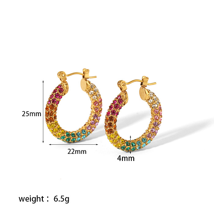 1 Paar elegante Streetwear-Ohrringe mit runder Polierbeschichtung und Inlay aus Edelstahl mit Zirkon und 18 Karat Gold