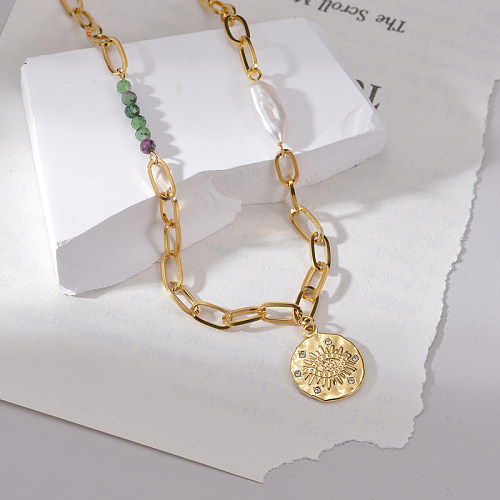 IG Style Casual Eye Stainless Steel  Beaded Plating Inlay Zircon 14K Gold Plated Pendant Necklace