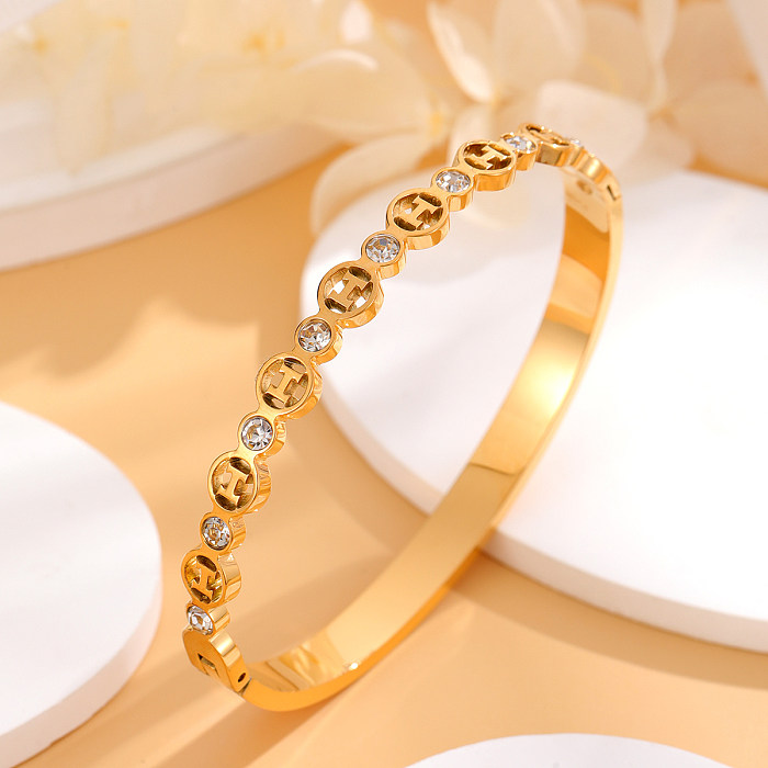 Elegante estilo simples carta titânio aço chapeamento strass pulseira banhada a ouro 18K