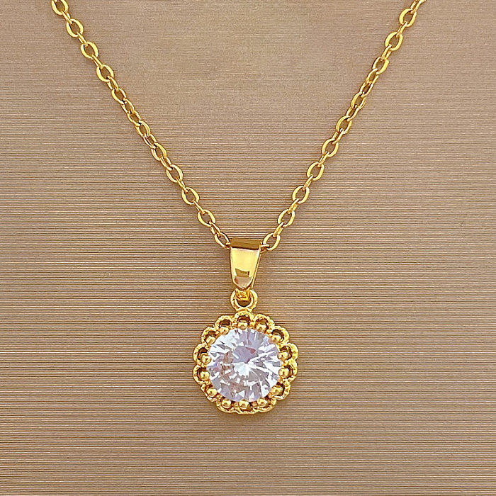 Elegant Sweet Round Stainless Steel  Copper Inlay Zircon Pendant Necklace
