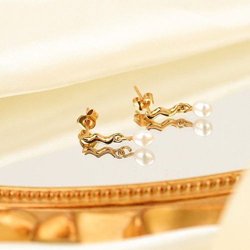 Boucles d'oreilles pendantes en acier inoxydable, Style Simple, incrustation de couleur unie, perle plaquée or, 1 paire