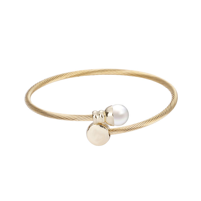 Bracelet de perles rond en acier inoxydable de style simple avec incrustation de cuivre