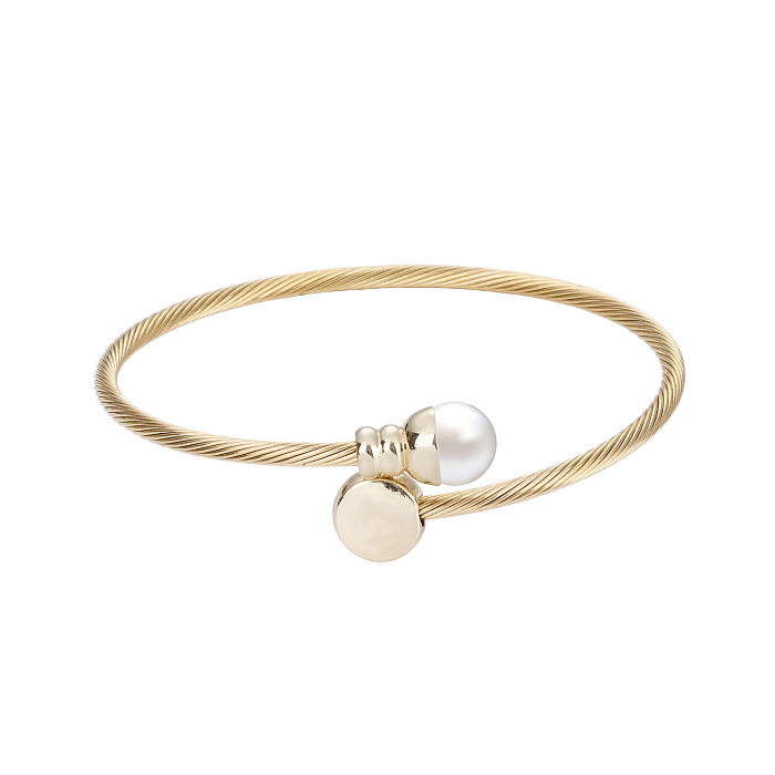 Simple Style Round Stainless Steel Copper Inlay Pearl Bangle