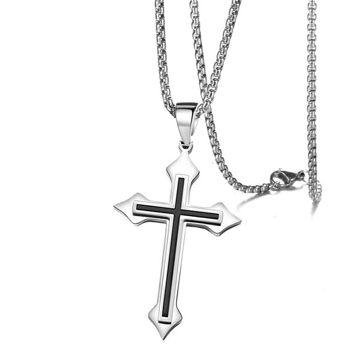 Hip-Hop Vintage Style Punk Cross Butterfly Stainless Steel Inlay Artificial Diamond Silver Plated Necklace