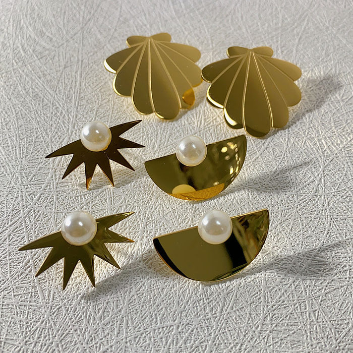 1 paire de clous d'oreilles élégants en acier inoxydable, plaqué demi-cercle, Imitation de perle