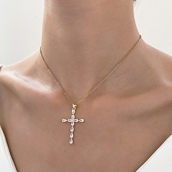 1 Stück Vintage-Stil-Kreuz-Edelstahl-Inlay-Diamant-Anhänger-Halskette