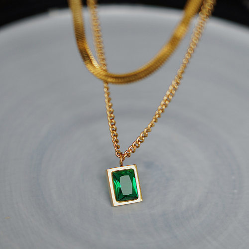 Retro Square Stainless Steel Inlay Artificial Crystal Layered Necklaces