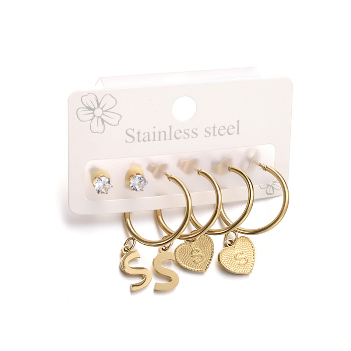3 paires de boucles d'oreilles pendantes asymétriques en forme de lettre de style simple en acier inoxydable et zircon plaqué or 18 carats