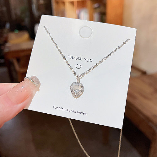 Fashion Heart Shape Stainless Steel Inlay Artificial Gemstones Zircon Pendant Necklace 1 Piece