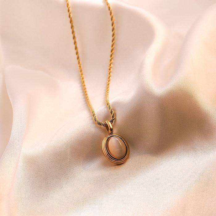 Collier pendentif ovale en acier inoxydable avec incrustation d'opale plaquée or 18 carats de style simple