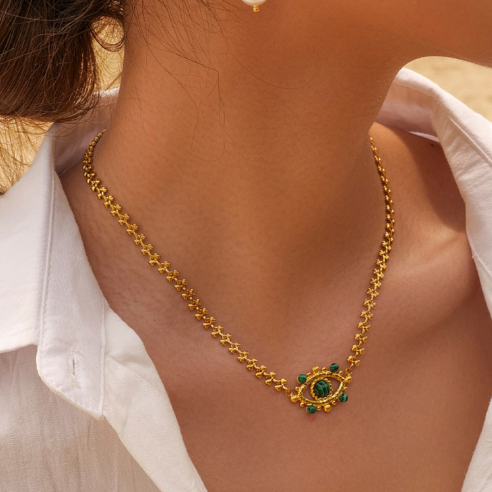 IG Style Devil'S Eye Stainless Steel  Plating Hollow Out Inlay Malachite 18K Gold Plated Necklace