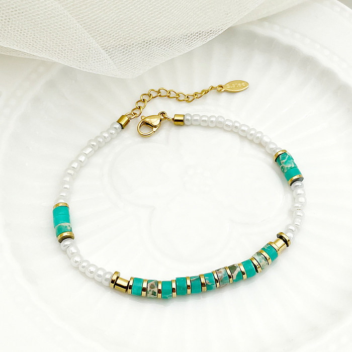Pulseras chapadas en oro con cuentas de perlas de piedra natural de acero inoxidable geométricas elegantes