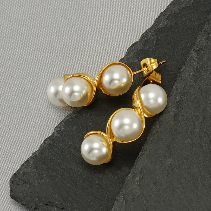 1 Pair Vintage Style Pea Polishing Plating Inlay Stainless Steel  Pearl 18K Gold Plated Earrings