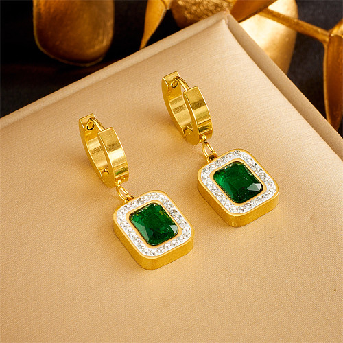 1 Pair Vintage Style Square Plating Inlay Stainless Steel  Rhinestones 18K Gold Plated Drop Earrings