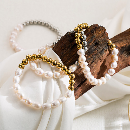 Bracelets ronds en acier inoxydable avec perles d'eau douce, Style classique et Simple, plaqués or 18 carats, en vrac