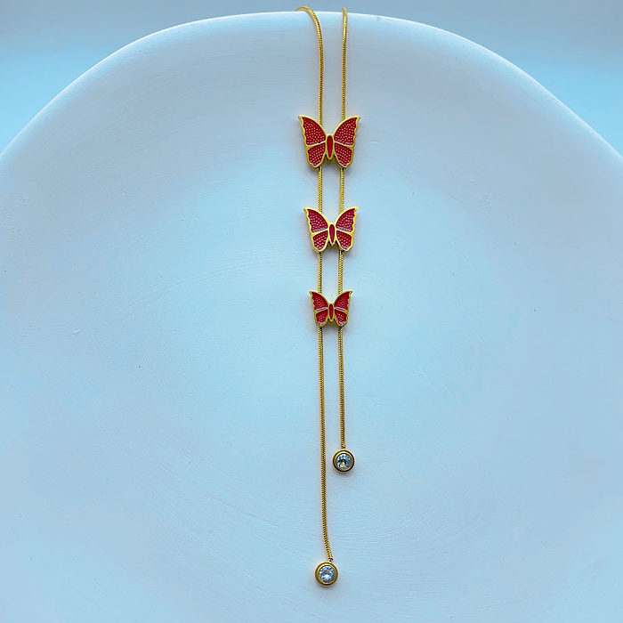 Großhandels-Halskette mit Anhänger im einfachen Stil, Schmetterling, Edelstahl, 18 Karat vergoldet, mit Zirkon
